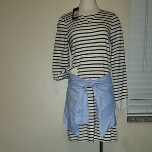 Veronica Beard Black and White Striped Dress with Blue Accent